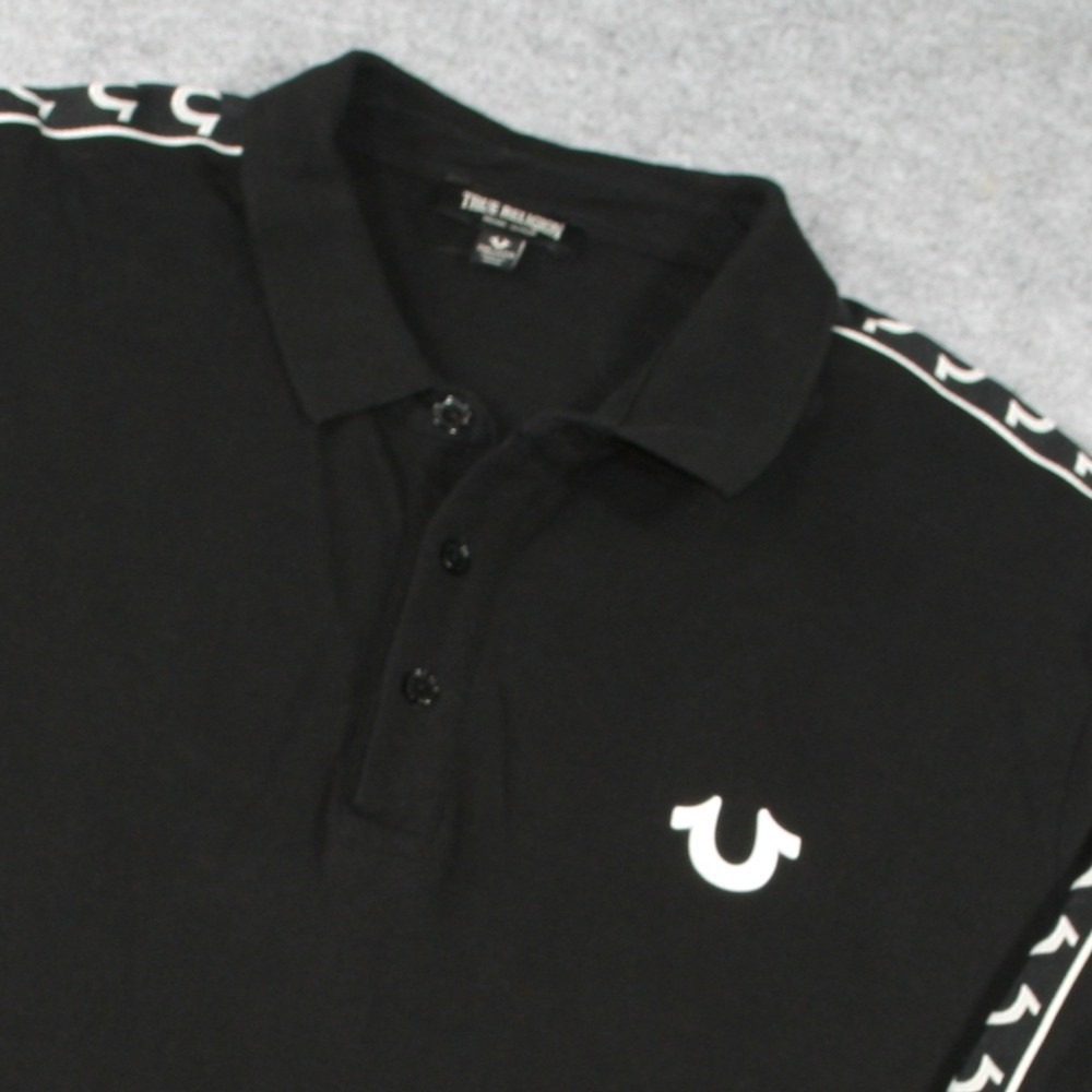True Religion Mens LS Damask Polo Medium Black Logo Tape Long Sleeve Shirt